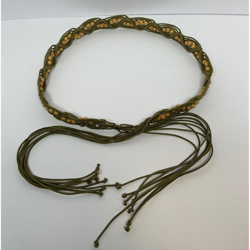 Vintage Boho‎ Macrame Belt Olive Green Cord Wooden Beads Tassel Tie Waist Belt - Picture 2 of 4